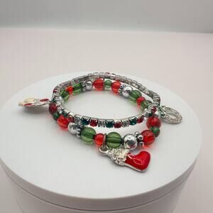 Vintage 90s Christmas Charm Bracelets Set Red Green Glass Silver Tone Jewelry
